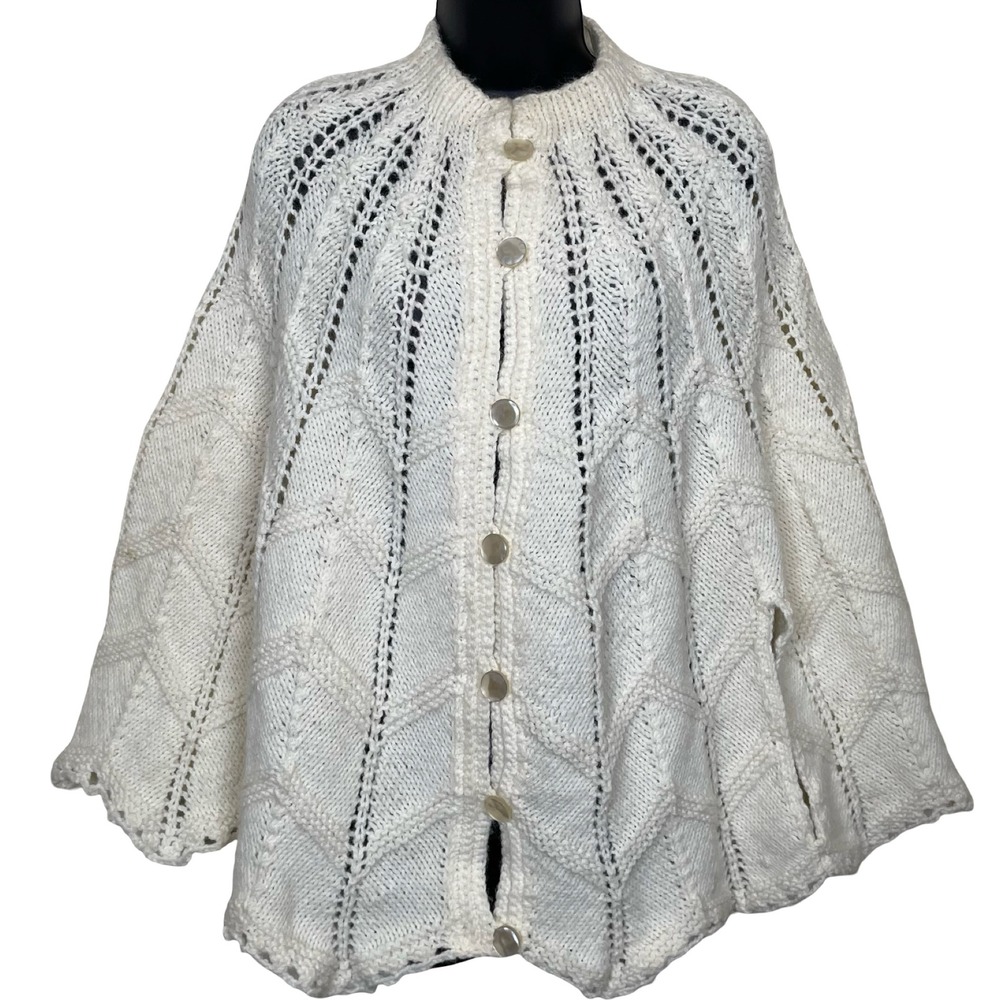 Vintage Cream Chunky Knit Cape Poncho Sweater‎ Cardigan 70s Cottagecore Boho